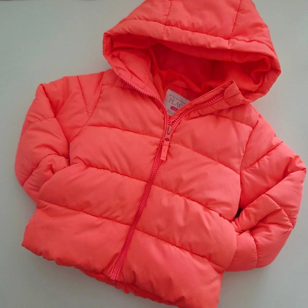 The Children's Place Puffer Jacket Neon Pink Hooded Quilted Toddler Girl 2T